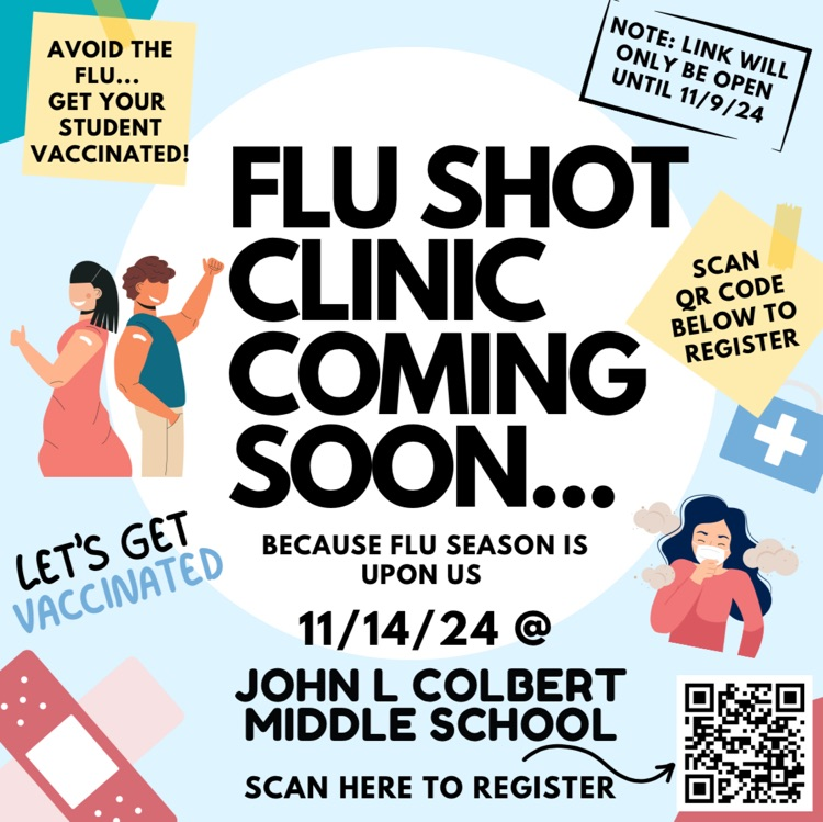 JohnLColbertMS's tweet photo. Mark your calendars! 📅 Our Flu Shot Clinic is on 11/14/2024. To participate, be sure to register by 11/09/24—scan the QR code to sign up!" https://t.co/20rdwNFwgB