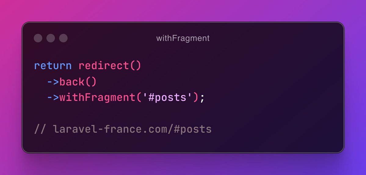 laravel_france's tweet photo. 💡 #FridaysTips
Saviez-vous que pour vos redirections, il n’est pas nécessaire de concaténer les fragments à la main ? #Laravel propose la méthode `withFragment` pour les ajouter proprement !
👉https://t.co/oFvjQRsFqi
Bon weekend 👋 https://t.co/MEbLkYXtTe