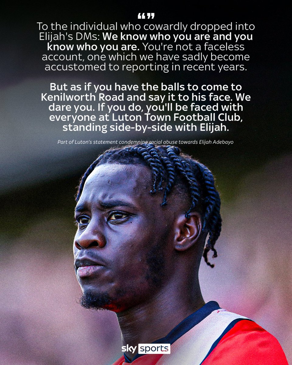 Sky Sports (@skysports) on Twitter photo Luton have hit out after striker Elijah Adebayo was again targeted by racist abuse on social media, asking 'is it ever going to stop?' in a strongly-worded statement. You can read their full response by heading to <a href="/LutonTown/">Luton Town FC</a> on Instagram Luton have hit out after striker Elijah Adebayo was again targeted by racist abuse on social media, asking 'is it ever going to stop?' in a strongly-worded statement. You can read their full response by heading to <a href="/LutonTown/">Luton Town FC</a> on Instagram