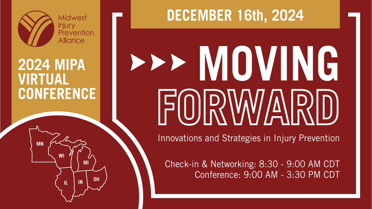 MidwestInjury's tweet photo. Registration is open for the 2024 MIPA Virtual Conference, happening Dec. 16! Featuring Opening Keynote speaker Khiya Marshall Mullins, DrPH, MPH, from @CDCInjury Check out the rest of the agenda and snag a seat: https://t.co/pjQ7cUZEyK https://t.co/xg7RmtzheG