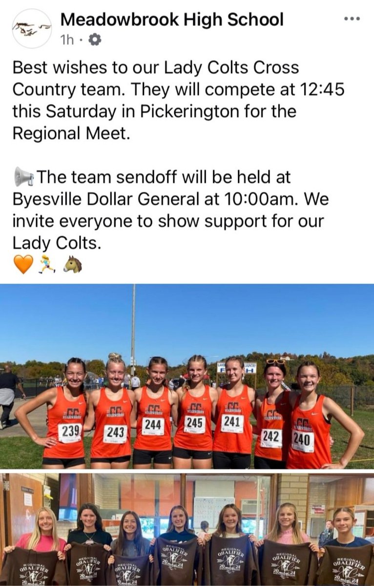 Come support our girls' cross country team at regionals!!! <a href="/RHLSD_Colts/">Rolling Hills Local</a> <a href="/Colt_Athletics/">Meadowbrook Athletics</a>