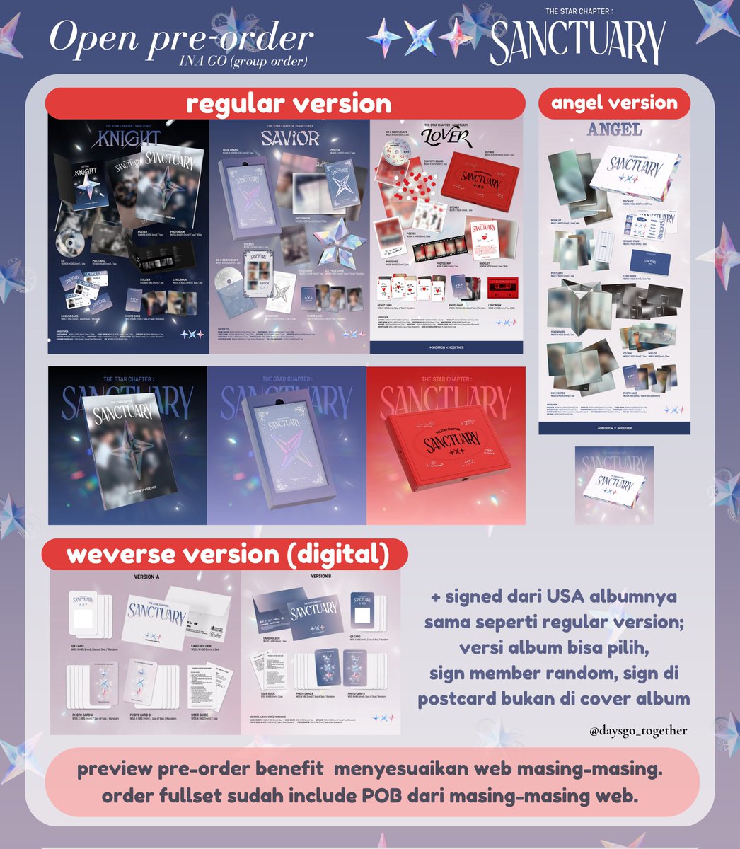 daysgo_together's tweet photo. INA GO 🇮🇩
OPEN PO TXT ALBUM "THE STAR CHAPTER: SANCTUARY"

- ̗̀𖤐 free gift! ✨ lanyard ✨ pin button ✨
avail sharing, LD, signed, dll

💌 DM for order!
inquiries dm / other socials di bio
💳 avail cicil payment spaylater / cc
📍 go dom jabar, testi line x shopee 1000++
📮 po previous album tnc tomorrow 400++
⏰ close 3 november 2024 | 12 PM WIB

info tambahan selengkapnya silakan cek di thread akan diupdate secara berkala ya 😉👍 t. wts