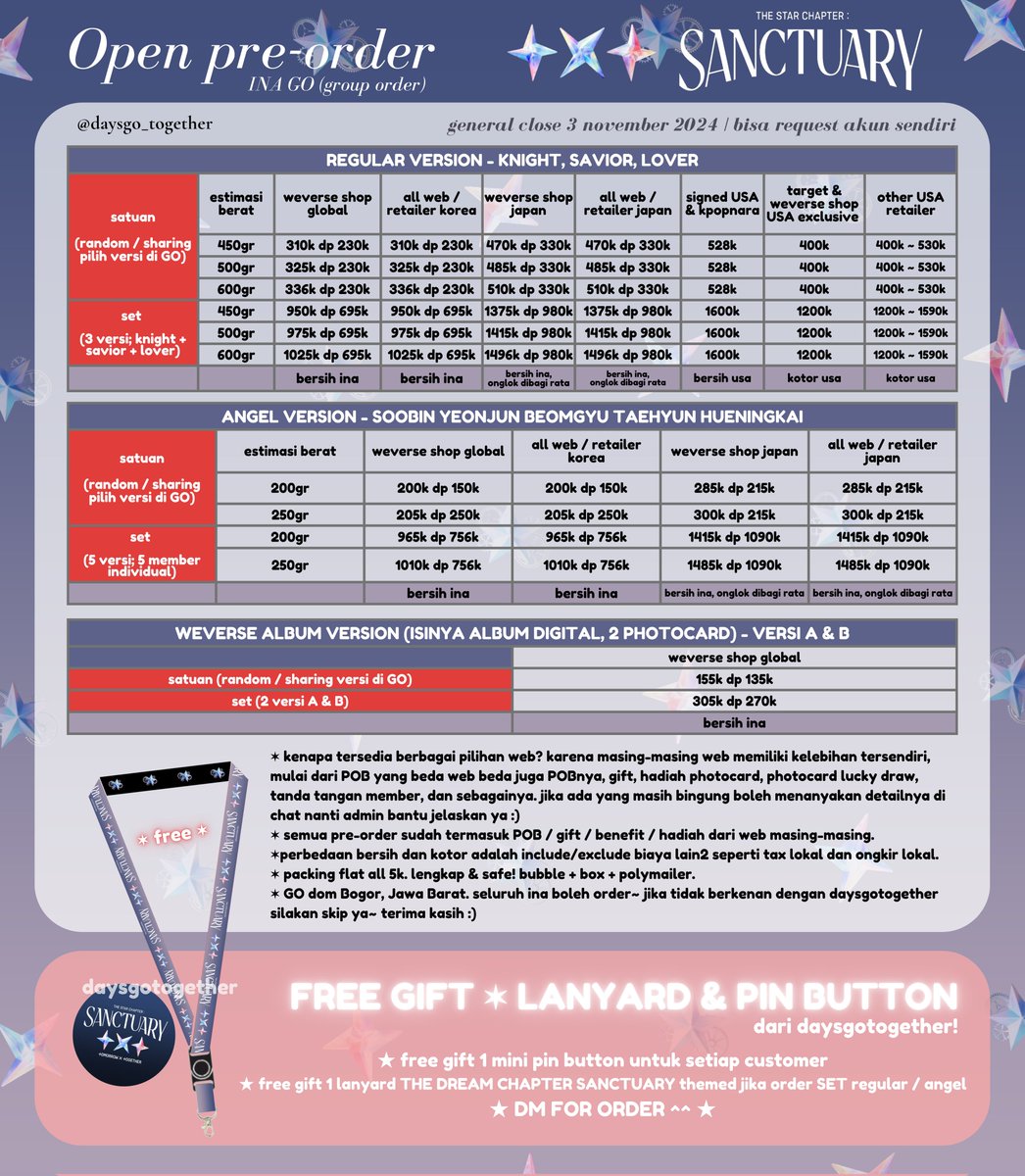 daysgo_together's tweet photo. INA GO 🇮🇩
OPEN PO TXT ALBUM "THE STAR CHAPTER: SANCTUARY"

- ̗̀𖤐 free gift! ✨ lanyard ✨ pin button ✨
avail sharing, LD, signed, dll

💌 DM for order!
inquiries dm / other socials di bio
💳 avail cicil payment spaylater / cc
📍 go dom jabar, testi line x shopee 1000++
📮 po previous album tnc tomorrow 400++
⏰ close 3 november 2024 | 12 PM WIB

info tambahan selengkapnya silakan cek di thread akan diupdate secara berkala ya 😉👍 t. wts