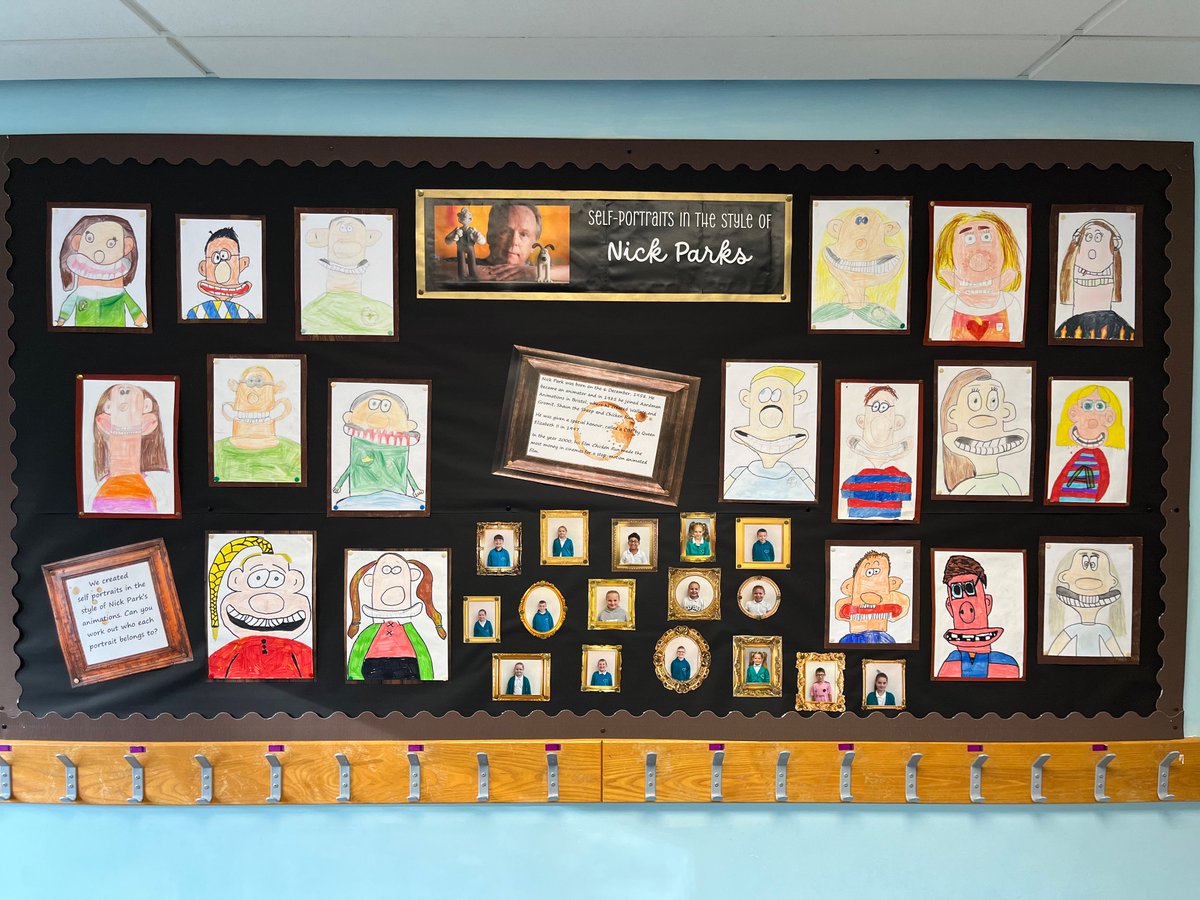 This is our finished display celebrating our amazing self-portraits in the style of Nick Park (the creator of Wallace and Gromit) Can you work out who they all are? #TheOVWay #article28