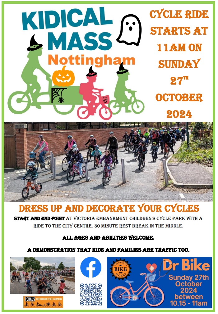 Kids! Bikes! Nottingham! Kidical Mass family bike ride this Sunday 27th Oct, depart 11am from the Embankment. All welcome #KidicalMass #Nottingham #cycling #activetravel <a href="/PedalsNottm/">Pedals: For a Cycle-friendly Nottingham</a> <a href="/RideWiseUK/">RIDEWISE UK</a> <a href="/SustransEMids/">Sustrans East Mids</a> <a href="/nottsbikeworks/">Nottingham Bikeworks</a>