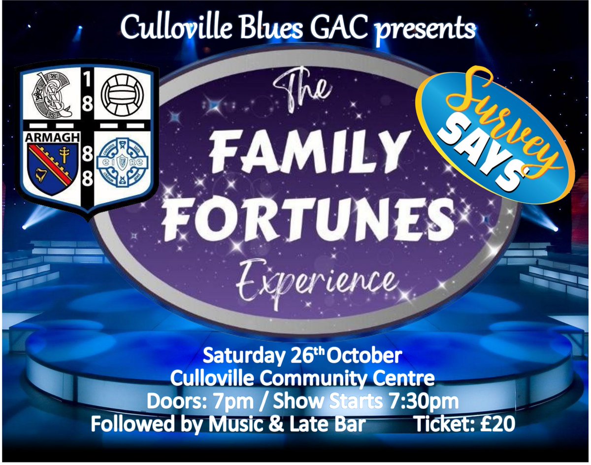 Culloville_GAA's tweet photo. Drop down early.........
📺County Final on large TV from @5:45pm inc bar
🚪Doors for the show will open @7:00pm
🎤Show starts @7:30pm
🎁 Raffle, so cash is advisable.
💷Card machine available at the bar.
🎵Music, late bar &amp; Burger stand after Family Fortunes. https://t.co/5SmtOKOfjs