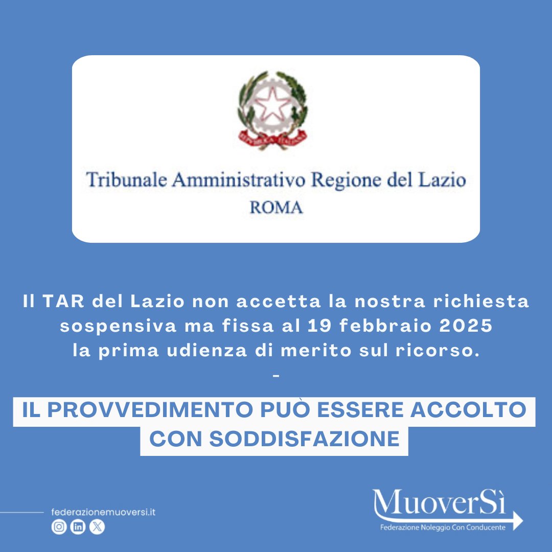 FMuoverSi's tweet photo. La decisione odierna non esclude in alcun modo la possibilità che il provvedimento venga annullato dal TAR nell'esame di merito del 19/02/25.
Suggeriamo così ai nostri associati di procedere all’iscrizione al RENT entro il 2 gennaio. https://t.co/feGsSny76j