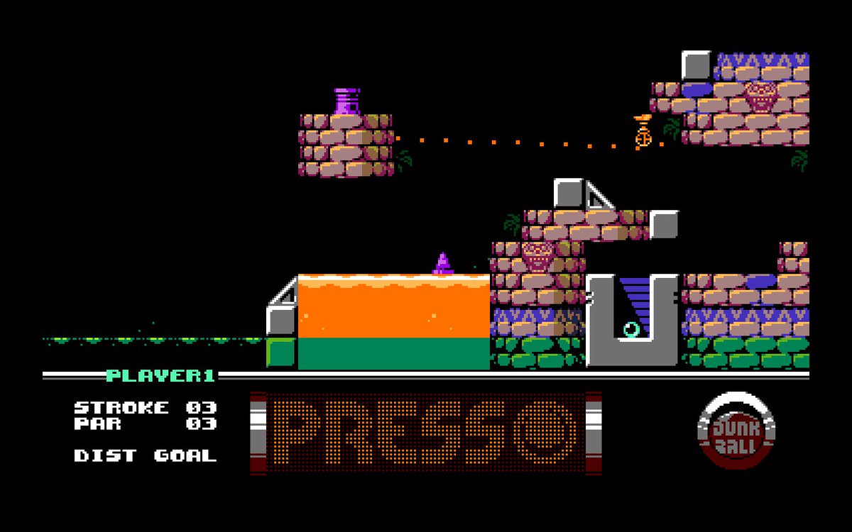 #JustBeatIt <a href="/polykill/">polykillpodcast.bsky.social</a> Pingolf (UFO 50). A 2d golf platformer. Avoid obstacles or, even better, use them to your advantage. E.g. let the ball jump on water if shot flat and with force. Win the tournament for the gold beat or do so with par or below for cherry. I had a good time.