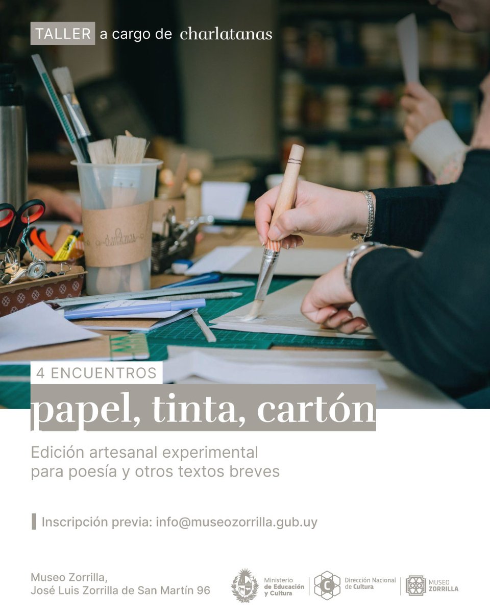 Papel, tinta, cartón

Público: mayores de 18 años. 
Inscripción previa: info@museozorrilla.gub.uy . Incluir en el correo: nombre, edad, teléfono y motivación.

📌Viernes 8, 22, 29 noviembre y 6 de diciembre de 16 h a 19:30 h

Museo Zorrilla
José Luis Zorrilla de San Martín 96