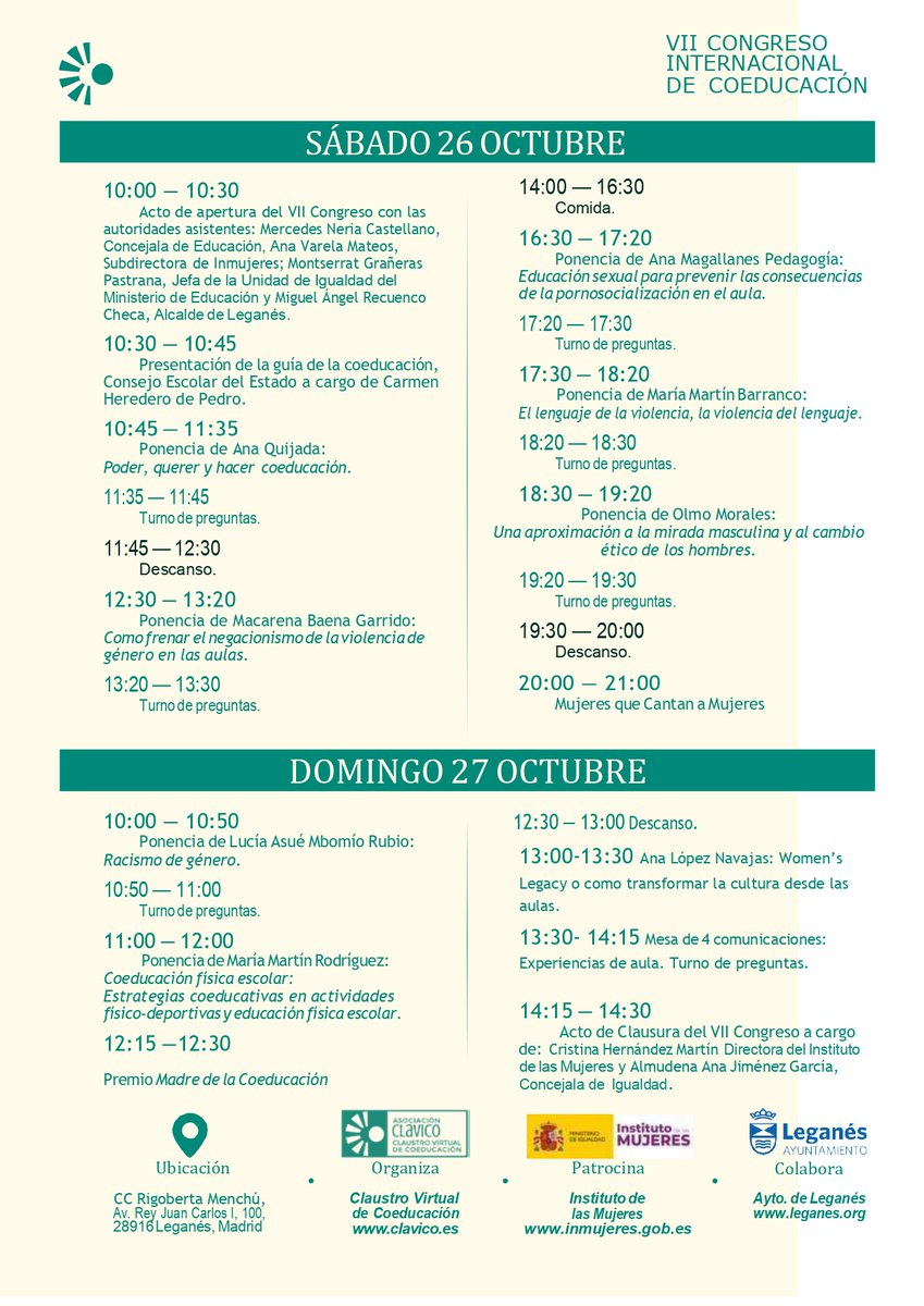 Motivos de salud, impiden a Miguel Lorente  y Joshua Alonso acudir al Congreso. Deseamos su pronta recuperación. En su lugar,  Ana Quijada  y  Olmo Morales nos ofrecerán las ponencias "Poder, querer y hacer coeducación" y  "Una aproximación a la mirada masculina" #coeducacion