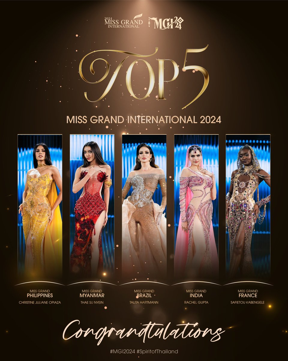 MissGrandInter's tweet photo. Congrandtulations TOP 5 Miss Grand International  2024✨

#SpiritofThailand
.
#MGI2024 #MGI 
#GrandExperiences
#MissGrandInternational
#MissGrandInternational2024
#WeAreGRANDthe1andOnly https://t.co/ECP3XreokI