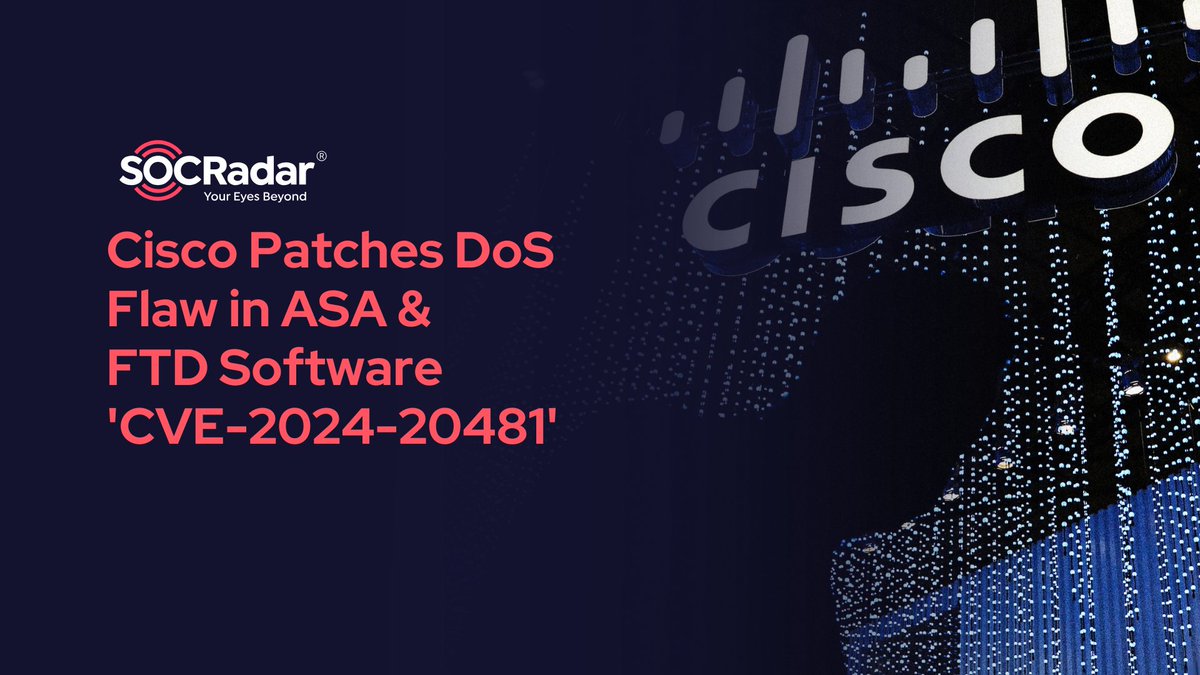 socradar's tweet image. 📢 #Cisco patched a #DoS flaw (CVE-2024-20481) in #CiscoASA &amp;amp; Firepower Threat Defense (CVSS 5.8) after April&apos;s brute-force attacks on #CiscoVPN devices. Attackers can exploit this to exhaust resources, needing a restart! Stay ahead with SOCRadar’s real-time insights 
🔗…