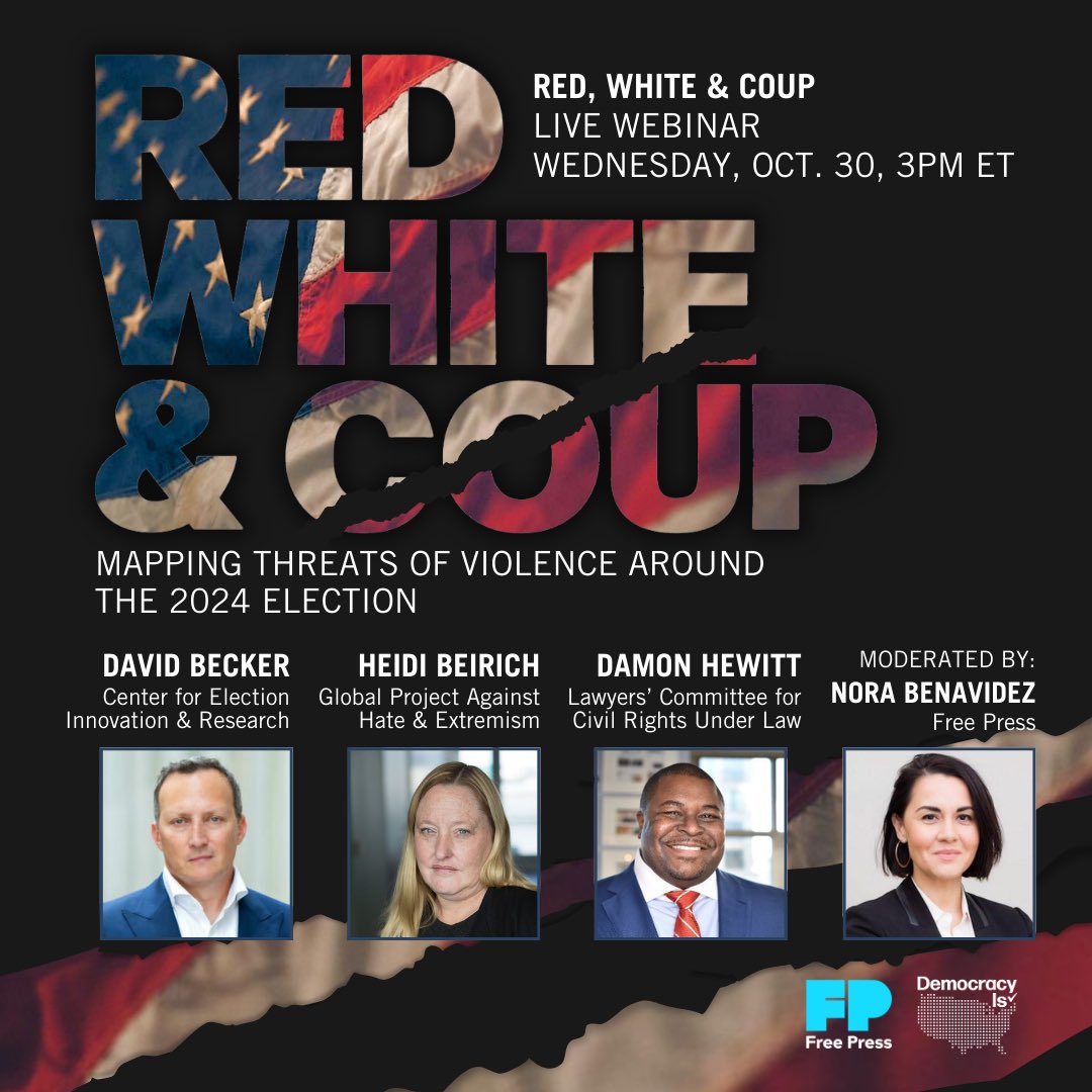 Nora Benavidez (@attorneynora) on Twitter photo āRed, White & Coupā: next week, join us for this <a href="/freepress/">Free Press</a> discussion on threats of violence & protecting democracy this election cycle. Ft. <a href="/heidibeirich/">Dr. Heidi Beirich</a> <a href="/beckerdavidj/">David Becker</a> <a href="/DamonTHewitt/">Damon Todd Hewitt</a> of <a href="/globalextremism/">Global Project Against Hate and Extremism</a> <a href="/LawyersComm/">Lawyers' Committee for Civil Rights Under Law</a> <a href="/ElectionInnov/">The Center for Election Innovation and Research</a>
RSVP: us02web.zoom.us/webinar/regist⦠āRed, White & Coupā: next week, join us for this <a href="/freepress/">Free Press</a> discussion on threats of violence & protecting democracy this election cycle. Ft. <a href="/heidibeirich/">Dr. Heidi Beirich</a> <a href="/beckerdavidj/">David Becker</a> <a href="/DamonTHewitt/">Damon Todd Hewitt</a> of <a href="/globalextremism/">Global Project Against Hate and Extremism</a> <a href="/LawyersComm/">Lawyers' Committee for Civil Rights Under Law</a> <a href="/ElectionInnov/">The Center for Election Innovation and Research</a>
RSVP: us02web.zoom.us/webinar/registā¦