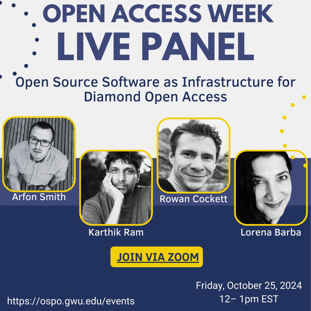 Lorena Barba @labarba@fosstodon.org (@lorenaabarba) on Twitter photo 📢Friday, Oct. 25, 12– 1pm EST—today!—tune in to the live stream (link in reply):
"Open Source Software as Infrastructure for Diamond Open Access" featuring <a href="/arfon/">Arfon Smith</a> <a href="/_inundata/">Karthik</a> <a href="/rowancockett/">Rowan Cockett 🦋</a> and yours truly, hosted by <a href="/gwospo/">GW Open Source Program Office</a> <a href="/gelmanlibrary/">gelmanlibrary</a>
#OpenAccessWeek #OpenSource #OpenAccess 📢Friday, Oct. 25, 12– 1pm EST—today!—tune in to the live stream (link in reply):
"Open Source Software as Infrastructure for Diamond Open Access" featuring <a href="/arfon/">Arfon Smith</a> <a href="/_inundata/">Karthik</a> <a href="/rowancockett/">Rowan Cockett 🦋</a> and yours truly, hosted by <a href="/gwospo/">GW Open Source Program Office</a> <a href="/gelmanlibrary/">gelmanlibrary</a>
#OpenAccessWeek #OpenSource #OpenAccess