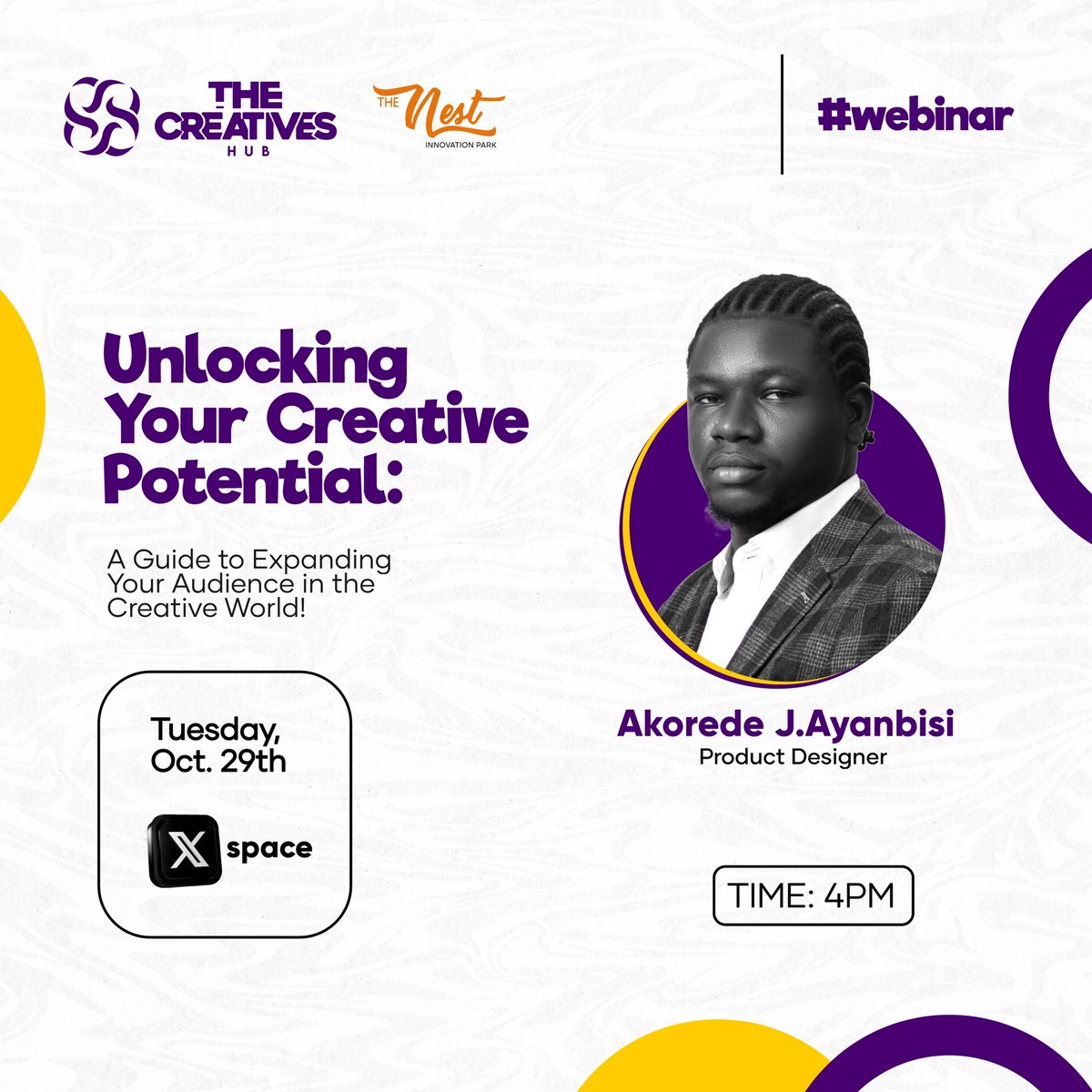 CreativesHubNG's tweet photo. Why make mistakes when you have the opportunity to learn from the guidance of those who have paved the way? The future holds lessons waiting to be embraced! 

Join us as we engage @AJ_Ayanbisi, on the topic, “Unlocking your creative potential”

Date: Tuesday, Oct 29th 
Time: 4pm https://t.co/QtJsSClDm4