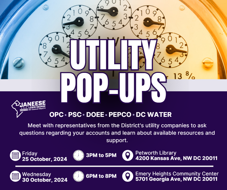 Looking forward to our first #Ward4 Utility Pop-Up from 3pm-5pm today at Petworth Library! 🔌💧⚡

We'll be joined by <a href="/PepcoConnect/">Pepco</a>, <a href="/DCOPC/">DC Office of the People's Counsel</a>, <a href="/DOEE_DC/">Department of Energy & Environment</a>, and other organizations to answer neighbors' questions about their utilities and share resources.