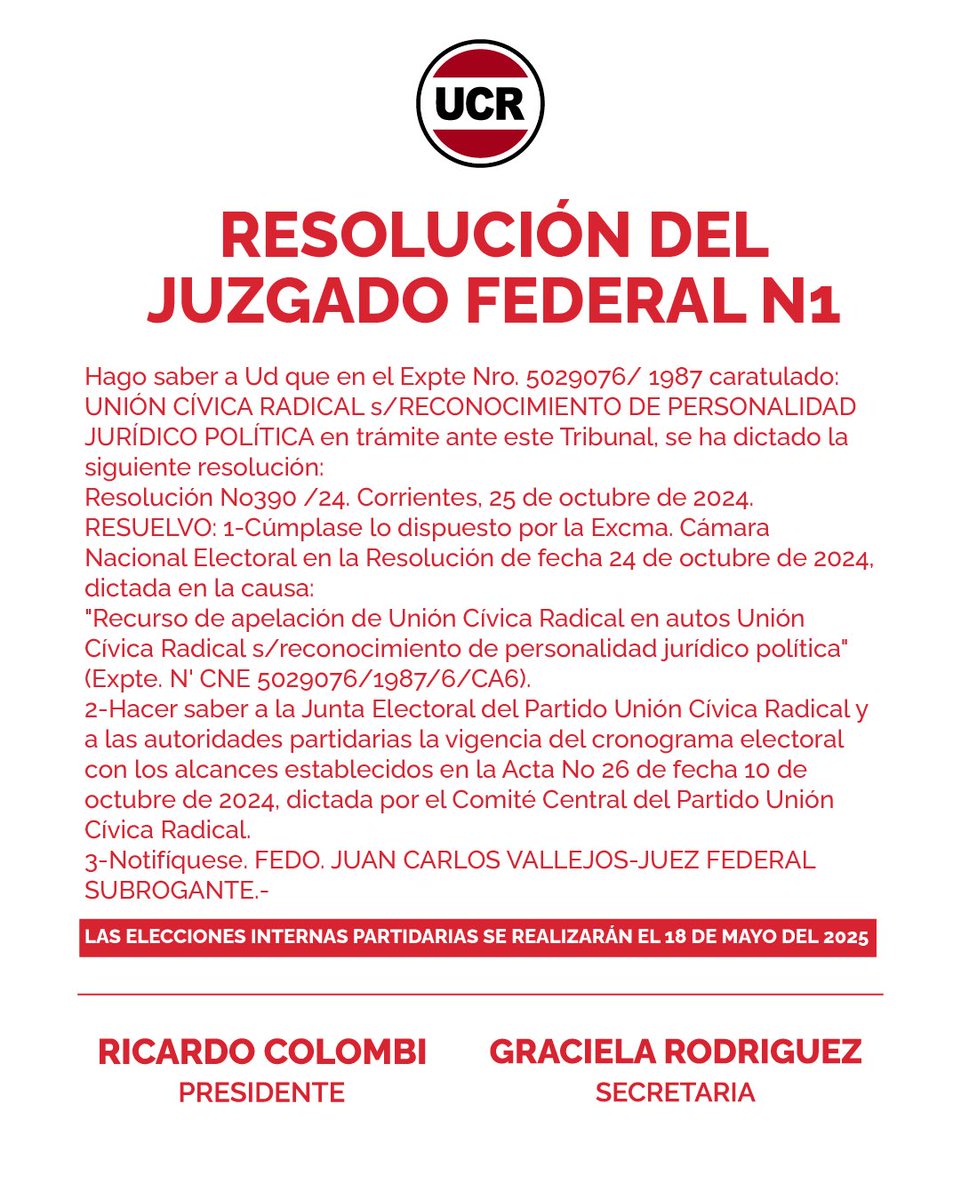 📜 El Juzgado Federal N°1 de Corrientes confirma la vigencia del cronograma UCR. Elecciones internas: 18 de mayo de 2025.

#UCR #Elecciones2025