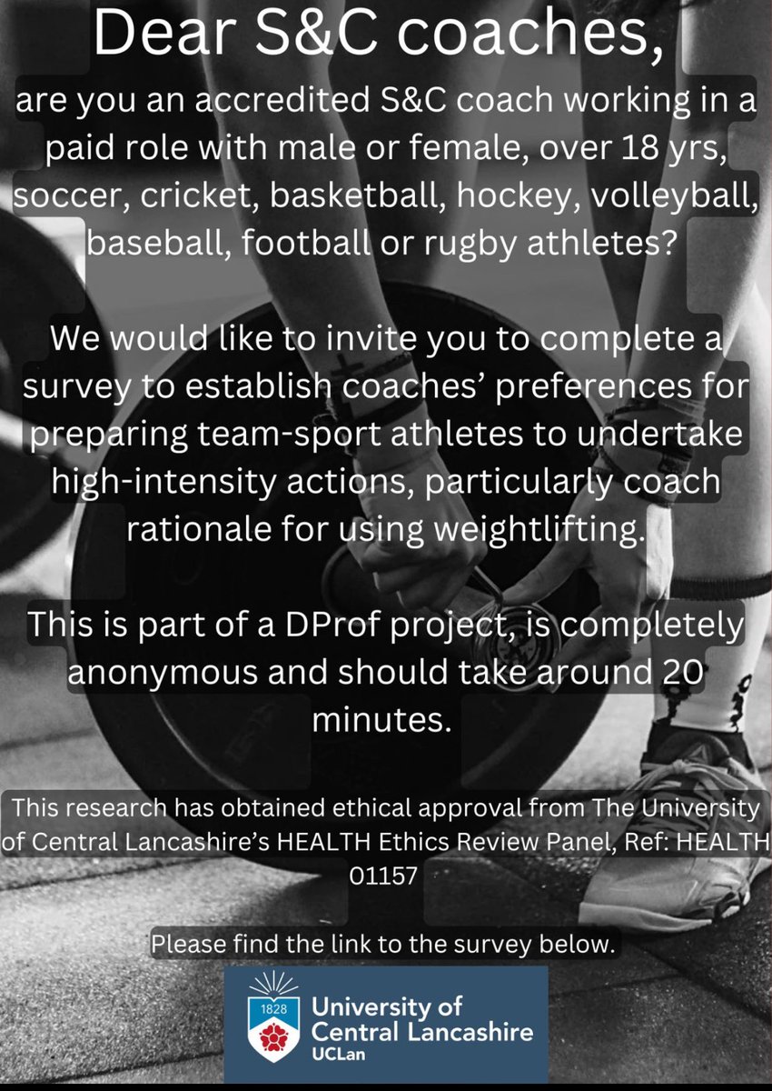 🚨 S&amp;C COACHES WORKING WITH TEAM SPORT ATHLETES >18 YRS 🚨

What are your preferences for preparing team sport athletes for high-intensity actions (sprint, COD), including rationale for using weightlifting ? 🏋🏻‍♀️🏋️

Could you please complete this survey: 

staffordshire.qualtrics.com/jfe/form/SV_eX…