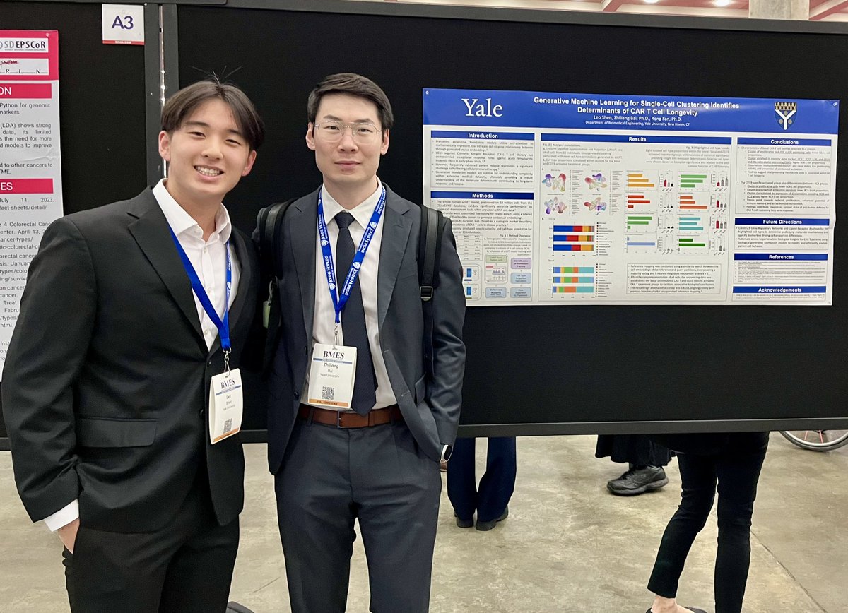 Zhiliang_Bai's tweet image. Thrilled to present two talks at #BMES2024 on ultra-long-term CAR T responses and spatial whole RNA biology in clinical FFPE tissues! Proud of my mentee, Yale undergrad Leo Shen, for his poster on AI in large-scale single-cell omics profiling of CAR T cells! @RongFan8 @YaleBme