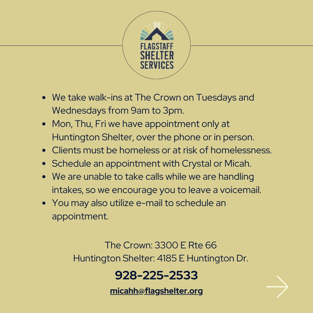 FlagShelterOrg's tweet photo. If you or someone you know is experiencing homelessness or is at risk of experiencing homelessness, they can access the Front Door program in the following ways through @FlagShelterOrg and @CCArizona: https://t.co/gPDIhRulMM