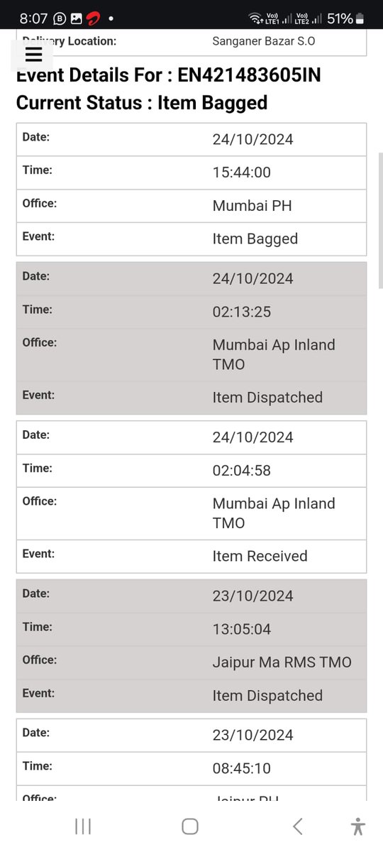 kimriti's tweet photo. @IndiaPostOffice Item meant for Jaipur, have seemed to returned from Jaipur to Mumbai. Please look into this urgently. Why does it show Mumbai PH? https://t.co/Gpq91u2Fku