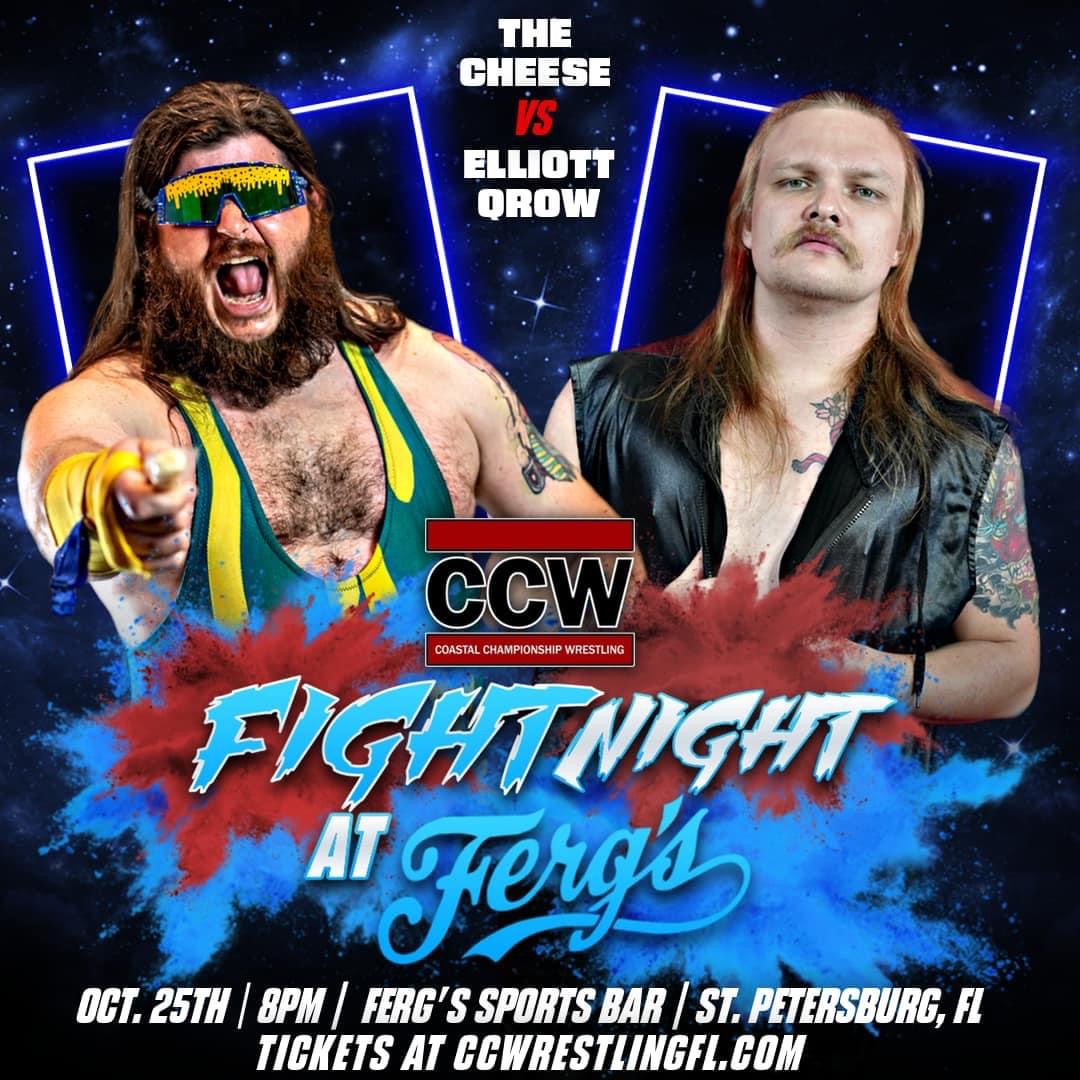 CCWAliveTV's tweet photo. TONIGHT IN ST. PETE!

CCW debuts with FIGHT NIGHT AT FERG’S!

- @DirtyDevinDiaz vs. Brian Brock
- @TheCheesePW vs. @ElliottQrow
- Jackal Stevens vs. @H0lyskitz 
- @OzzyKilmeister vs. @Eddietaurus w/ @TheDrEric 

🎟️ https://t.co/Y1Y1bIz0Uz https://t.co/aeQk6fLpQz