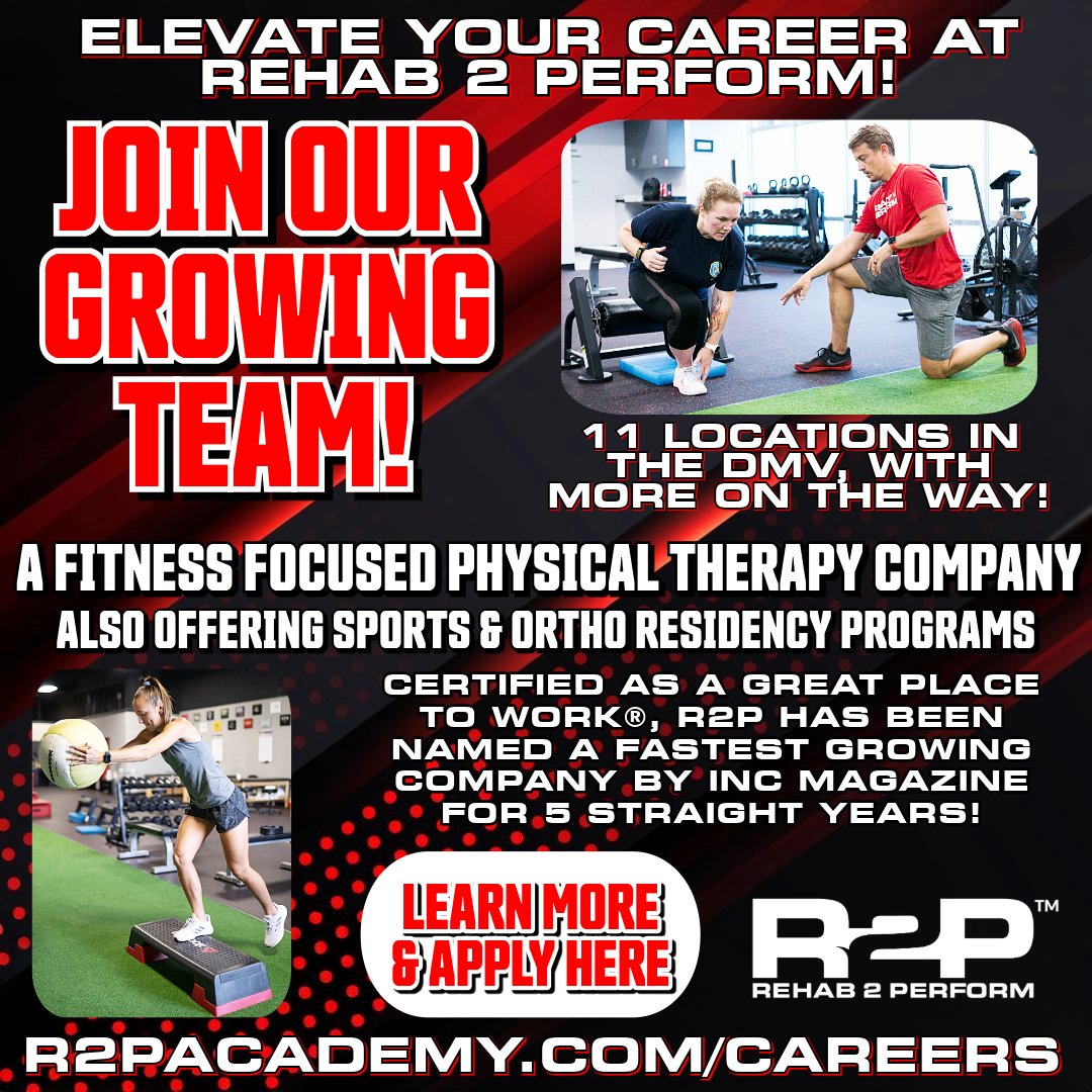 Elevate your career &amp; join the team! 
R2P specializes in delivering rehabilitative &amp; preventive services to the Active Adult &amp; Competitive Athlete. 
Learn More &amp; Apply Rehab2Perform.com/Careers 

#ad APTA Virginia does not endorse any courses, products, services, or organizations