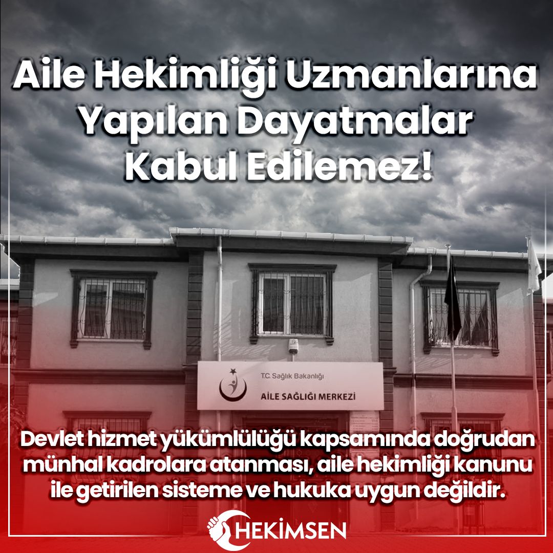 hekimsen's tweet photo. Aile Hekimliği Uzmanlarına Yapılan Dayatmalar Kabul Edilemez!
Aile hekimliği uzmanları, Devlet Hizmeti Yükümlülüğü (DHY) kapsamında ciddi bir adaletsizlik ve 3359 Sayılı Kanuna aykırı bir uygulama ile karşı karşıya bırakılmıştır.
Devlet hizmet yükümlülüğü kapsamında doğrudan münhal kadrolara atanması, aile hekimliği kanunu ile getirilen sisteme ve hukuka uygun değildir.

Konunun sakıncaları Yönetim Kurulu Başkanımız Uzm. Dr. Adil Kurban tarafından bakanlıkta üst düzey yetkililere iletilmiştir.

Sağlık Bakanlığı'nın, Hukuksuz Atamalarına Karşı Birlikte Mücadele Edeceğiz.
Aile hekimliği uzmanlarının mağduriyetine sessiz kalmayacağız ve  bu hukuksuz DHY atamasını engellemek için her türlü hukuki süreci başlatacağız. 
Aile hekimliği uzmanlarımız için izleyeceğimiz detaylı yol haritası kısa süre içinde açıklanacak olup, Hekimsen hesabımızdan takip edebilirsiniz.

Yalnız Değilsiniz...
#ArtıkHekimsenVar