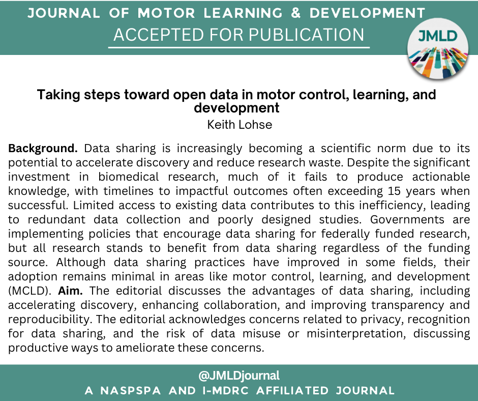 Journal of Motor Learning & Development (@jmldjournal) on Twitter photo New accepted Editorial from JMLD Executive Editor Keith Lohse from <a href="/washumedicine/">WashU Medicine</a> 🇺🇲, with an important piece discussing the advantages of data sharing, including accelerating discovery, enhancing collaboration, & improving transparency & reproducibility New accepted Editorial from JMLD Executive Editor Keith Lohse from <a href="/washumedicine/">WashU Medicine</a> 🇺🇲, with an important piece discussing the advantages of data sharing, including accelerating discovery, enhancing collaboration, & improving transparency & reproducibility