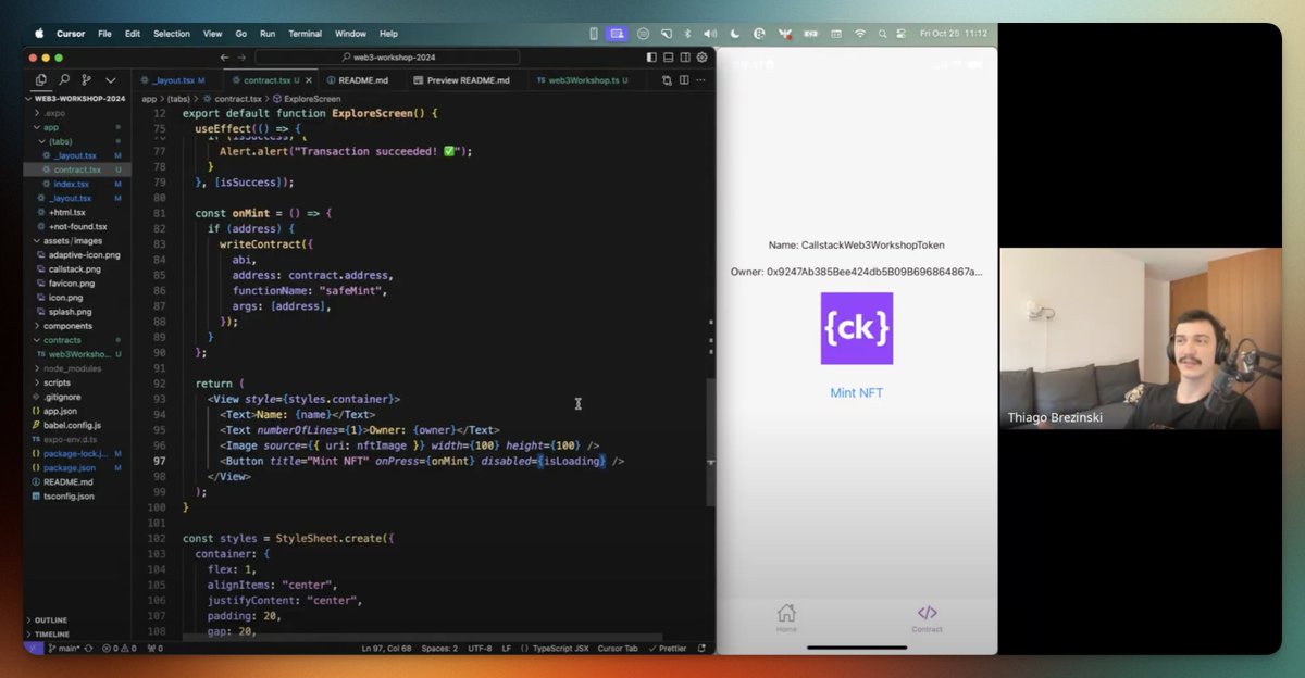 thiagobrez's tweet photo. Had the pleasure to run a mini-workshop for the @callstackio folks today about fullstack web3 development 🕸️

◆ Hosting on IPFS w/ @pinatacloud
◆ Creating your own contract
◆ Building a frontend and interacting with your contract
◆ ...and spreading the @wevm_dev word 🫡 https://t.co/cyB30KYVI2