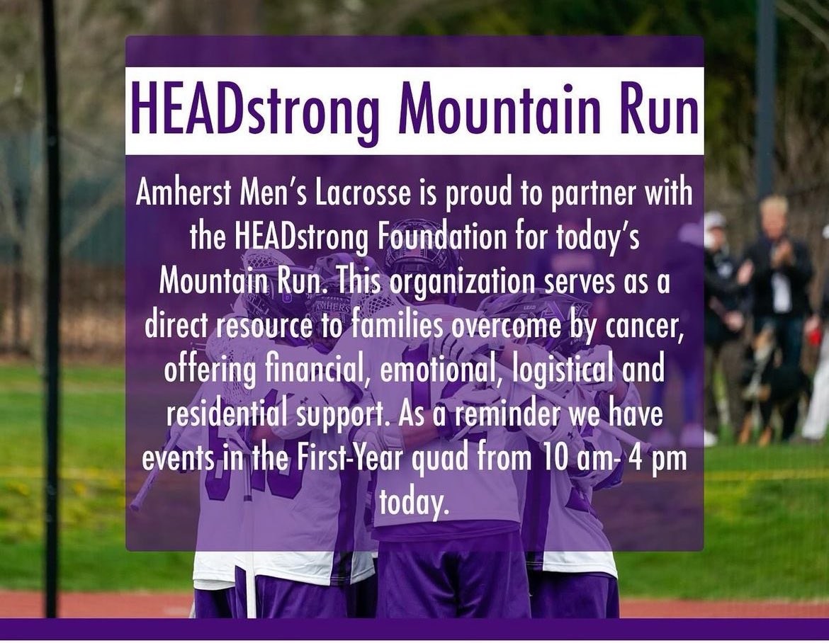 Amherst Menโs Lacrosse (@amherstmlax) on Twitter photo ๐จMountain Run Day!๐จ
Amherst Menโs Lacrosse is proud to partner with the <a href="/HEADstrongFnd/">HEADstrong Foundation</a> for todayโs HEADstrong Foundation Mountain Run, raising awareness and support for families affected by cancer. ๐๐ Join us in the First-Year Quad from 10-4 for a petting zoo, food and more. ๐จMountain Run Day!๐จ
Amherst Menโs Lacrosse is proud to partner with the <a href="/HEADstrongFnd/">HEADstrong Foundation</a> for todayโs HEADstrong Foundation Mountain Run, raising awareness and support for families affected by cancer. ๐๐ Join us in the First-Year Quad from 10-4 for a petting zoo, food and more.