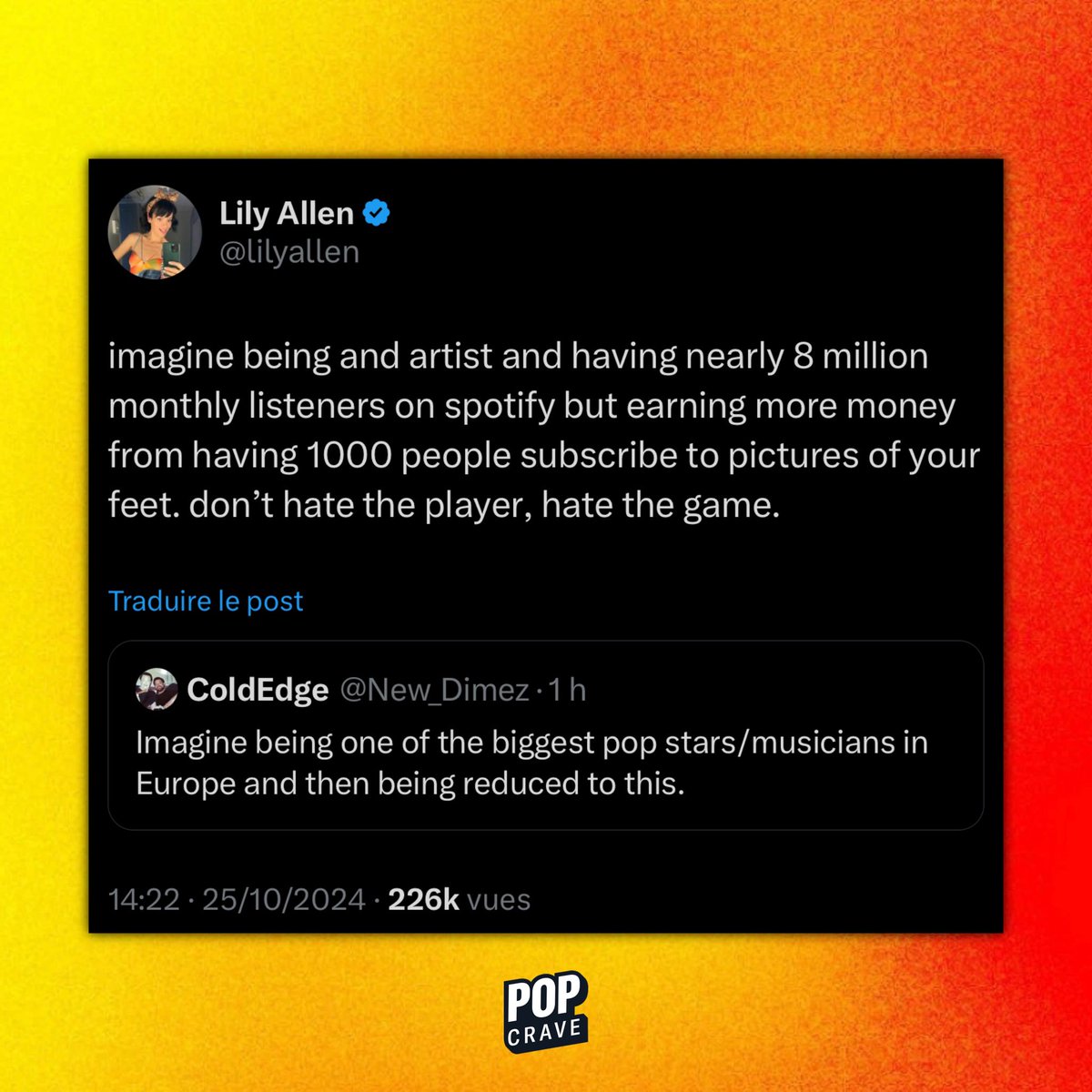 PopCrave's tweet photo. Lily Allen reveals that she makes more money from feet pictures than she does from her music on Spotify. https://t.co/HzaClmTDL0
