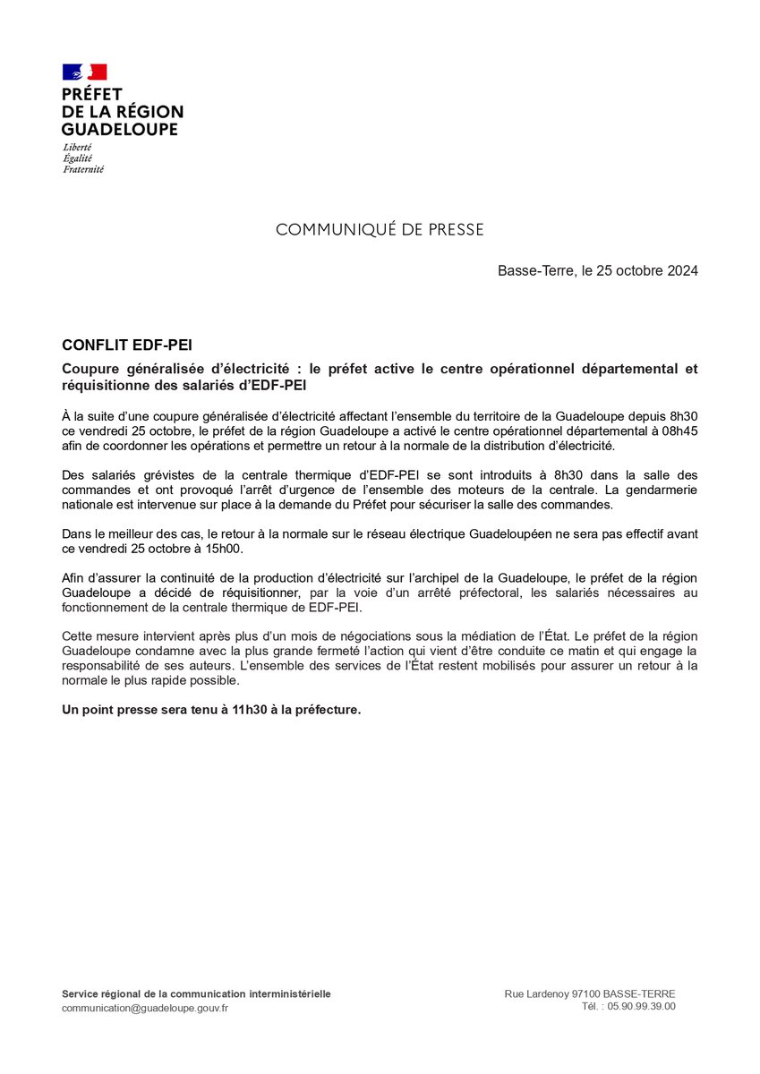 Prefet971's tweet photo. #Communiqué 
Coupure généralisée d’électricité ce vendredi 25 octobre en #Guadeloupe 
Le préfet active le centre opérationnel départemental et réquisitionne des salariés d’EDF-PEI https://t.co/4AKIpiKlWr