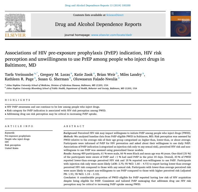 DrugAlcReports's tweet image. In Baltimore, 30% of #PWID eligible for #PrEP perceived their HIV risk as lower than average. Those with only injection risks were 2.75x more likely to perceive lower HIV risk. Tailored messaging on drug use risk could improve PrEP uptake. From @TarfaIV: sciencedirect.com/science/articl…
