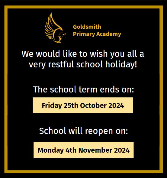goldsmithwalsal's tweet image. 📅 School will reopen on Monday 4th November! We hope everyone enjoys the holidays and comes back refreshed! 📚 💛🖤

#HalfTerm #TimeToRecharge #HappyHolidays
