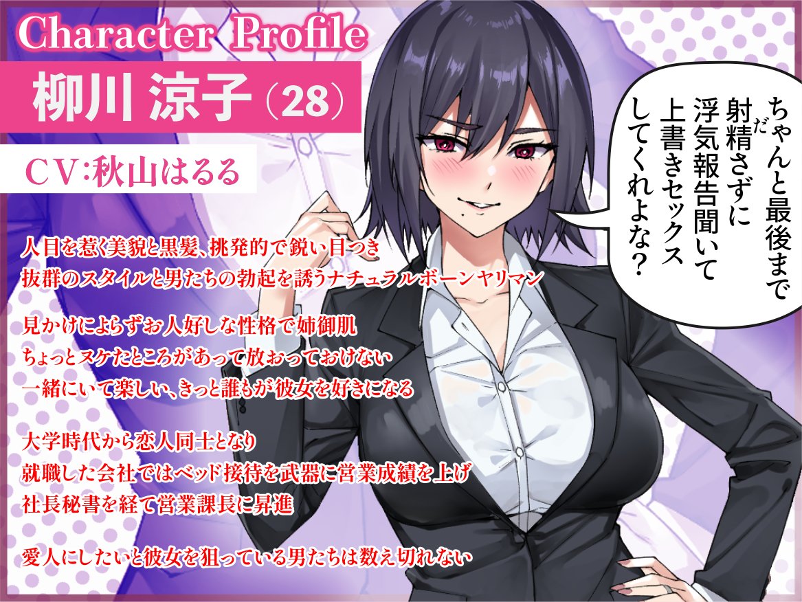 妻を愛している
ビッチだからこそ愛が深くなる
彼女のことをもっともっと好きになりたい
何度も聴き返したくなる
聴き返すたびに新たな発見がある浮気報告ストーリー
  
NTR物にふれたとき嫌な気持ちになりたいわけではありません
ただエロ切ない気持ちを盛り上げて欲しい
そんな動機から作った作品 