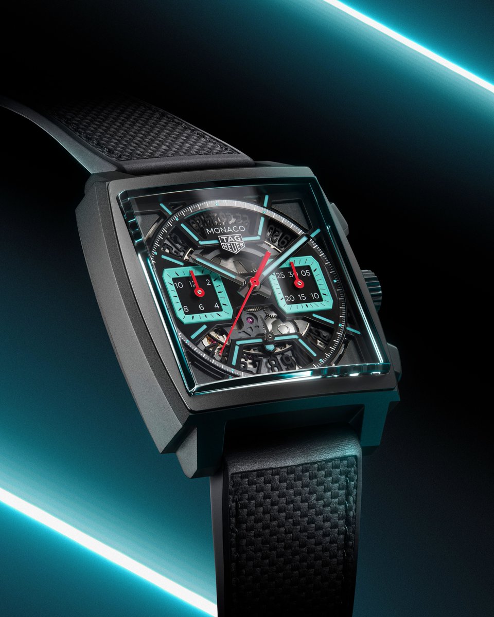 TAGHeuer's tweet photo. Boasting a vibrant contemporary style, a durable titanium 39mm case, and contrasting turquoise subdials and red hands set against a black sandblasted skeleton dial, the #TAGHeuerMonaco Chronograph continues to be ahead of its time. https://t.co/PU3KCwtwMR

#TAGHeuer https://t.co/PBolE4mMcF