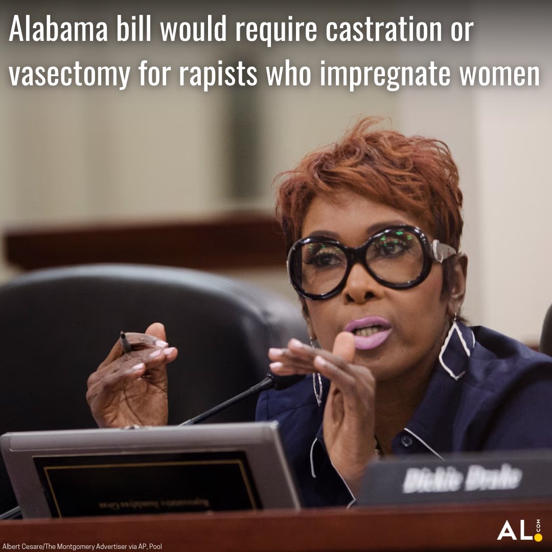 aldotcom's tweet photo. Rep. Juandalynn Givan, D-Birmingham, wants to require a vasectomy or castration for any man who rapes a woman, resulting in a pregnancy.

Givan's bill would also require the father, if convicted of rape, to pay for the abortion and related costs.

More: https://t.co/MLAaIssmfO https://t.co/LrI1k0Grrx