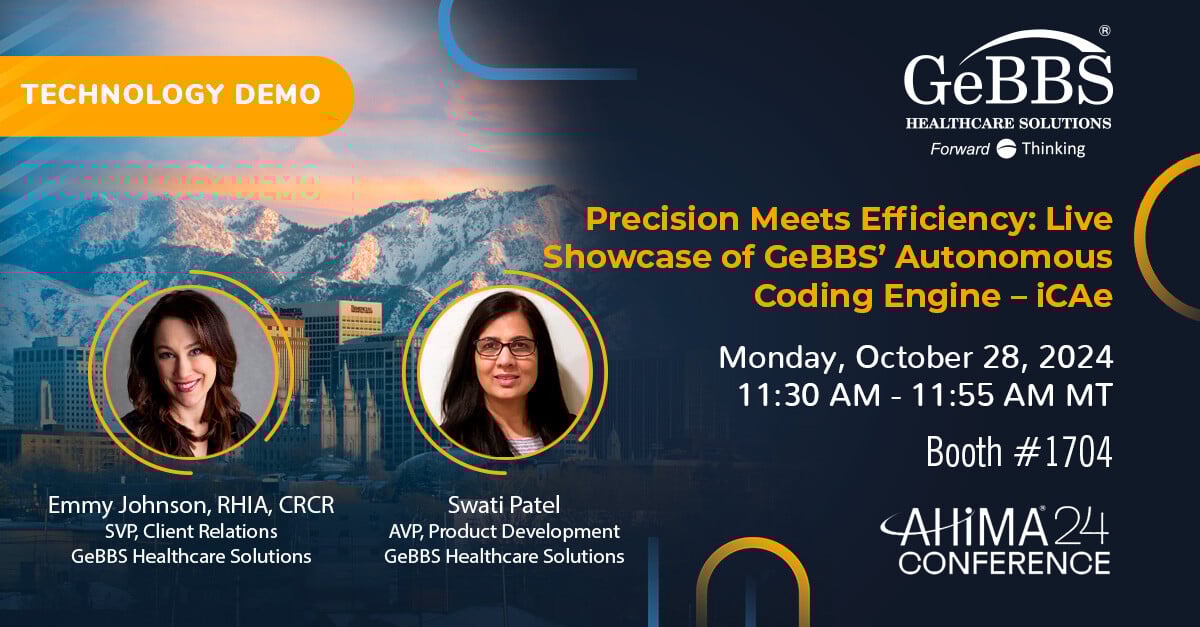 gebbshealthcare's tweet image. Heading to @AHIMAResources (AHIMA24)? GeBBS has been at the forefront of autonomous medical coding with proven success. Join us for a live demo of GeBBS' iCAe - our AI-powered Autonomous Coding Engine.
📅 Monday, Oct 28, 11:30 AM
📍 Booth #1704
#AHIMA24 #GeBBS #autonomouscoding