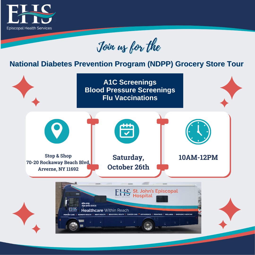 EpisHealthScvs's tweet image. Join the #EHS #PopulationHealth Team tomorrow for an NDPP Grocery Store Tour for FREE A1C and Blood Pressure Screenings, and Flu Vaccinations. The event will be at Stop &amp;amp; Shop at 70-20 Rockaway Beach Blvd. in Arverne from 10AM-12PM. We hope to see you there! #CommunityCommitted