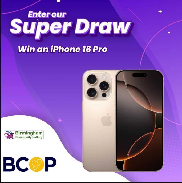 Support our lottery this October, and you'll be in with a chance to win an all-new iPhone 16 Pro. A perfect Christmas present, or upgrade yourself! 

Get your tickets before tomorrow for a chance to win! 

#Birmingham #CommunityLottery #BCOP

Sign up here buff.ly/3B2rFeJ