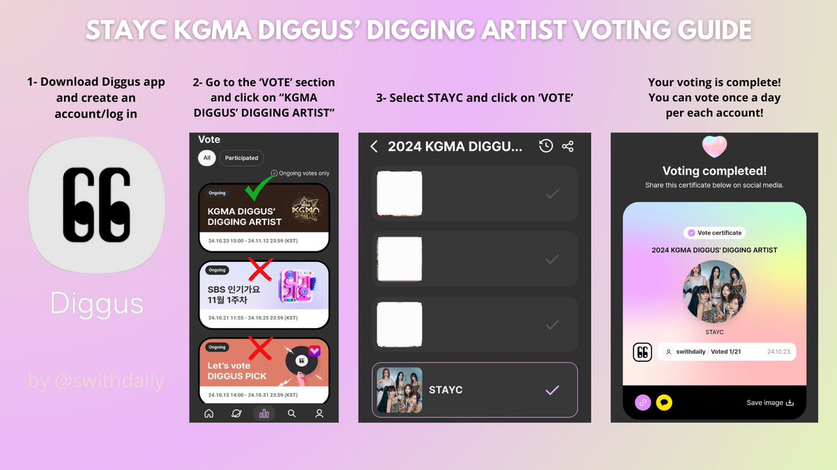 STAYC_CHARTS's tweet photo. D-4 | ‼️ SWITH TO-DO LIST ✅️
□ Vote STAYC for KGMA DIGGUS' DIGGING ARTIST
Collect on:
• Duckad
• Star Planet
• Idol Champ
• Mubeat
• Allchart
• Higher
#스테이씨 #swith_voting https://t.co/82VQCP11HV