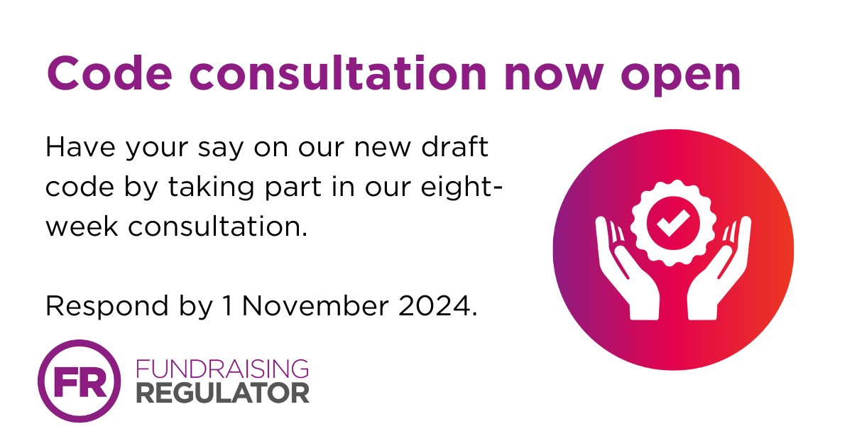FundrRegulator's tweet photo. One week until our final consultation on the new draft Code of Fundraising Practice closes

We encourage those interested in charitable fundraising to feedback on the new streamlined code before it launches next year: https://t.co/uB4Ogi27kJ https://t.co/I4CroyEYHI