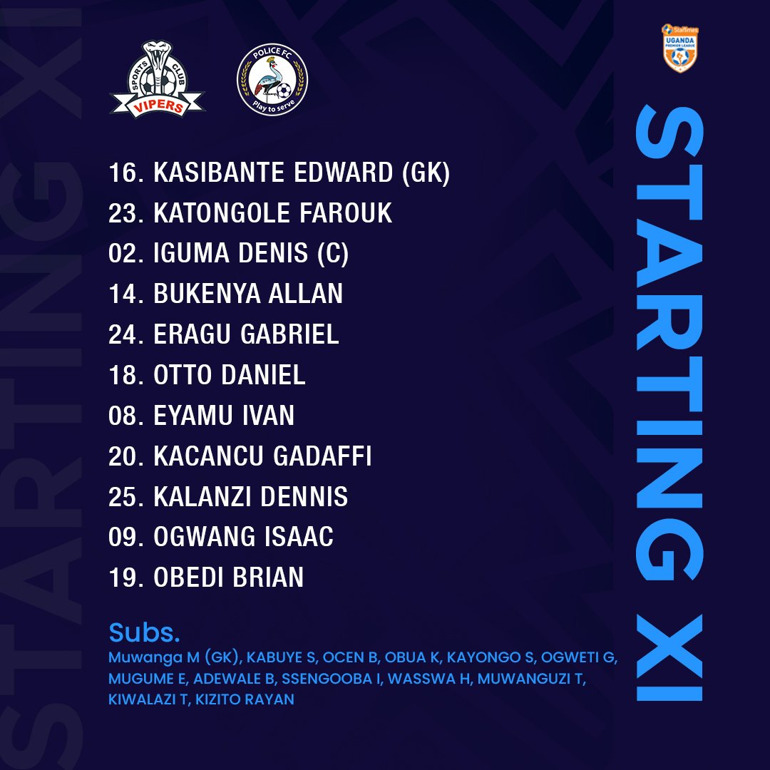 UgPoliceFC's tweet image. #TeamLineUp: Bukenya returns from suspension, Obedi is back from injury. This is how we've assembled for Vipers SC.

#WeAreCops || #PlayToServe || #VIPPOL