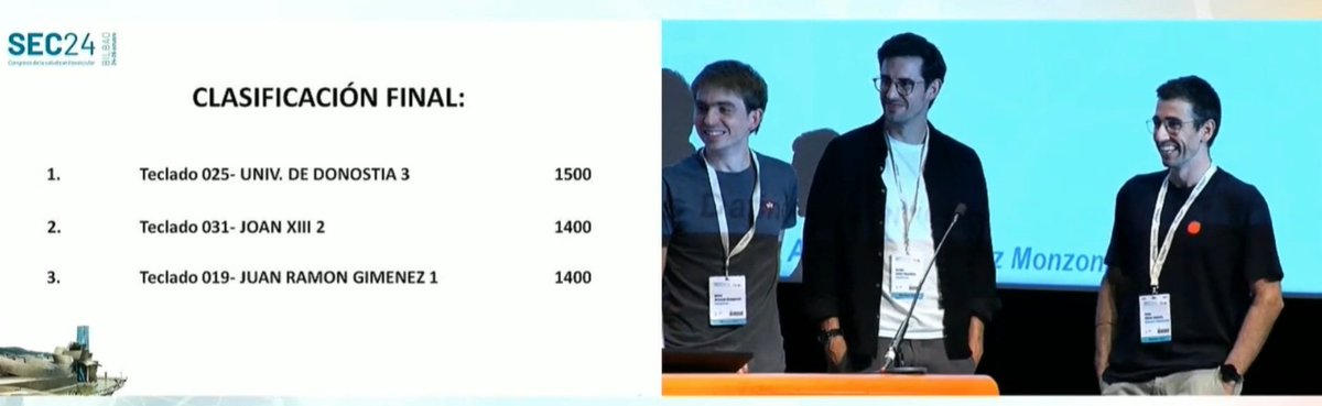 🏆Enhorabuena a los ganadores del concurso #SEC24 Una imagen vale más que mil palabras:

🥇Puesto: Hospital Universitario de Donosti. Equipo 3: Sergio Calvo, Pablo Aldave y Beñat Urruzola 

🥈Puesto: Hospital Joan XXIII. Equipo 2: Ana Vidal Romero, Miguel Ivorra Cámara y Mar