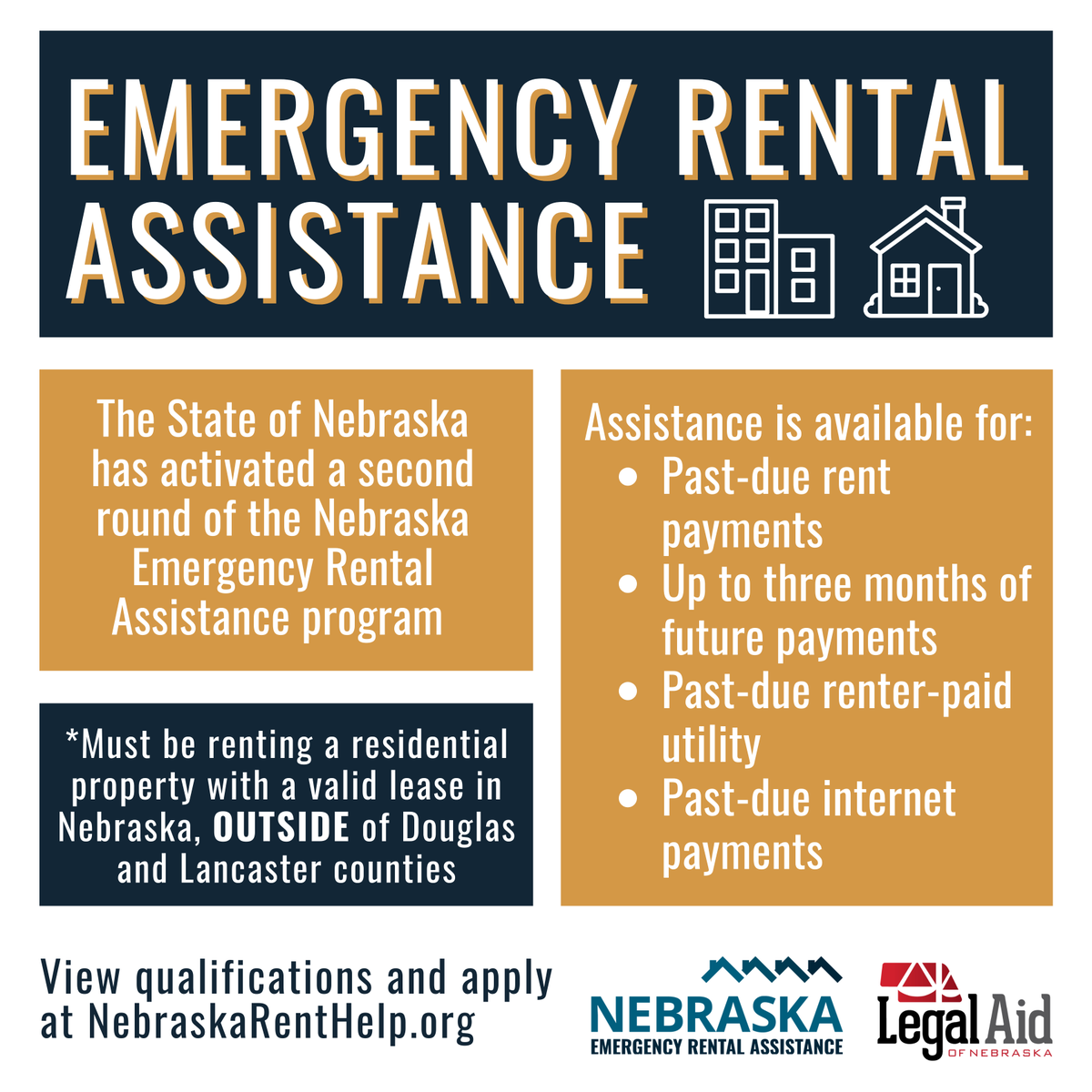 LegalAidNEB's tweet photo. If you are experiencing housing instability, the State of Nebraska has issued another round of Emergency Rental Assistance! Check out https://t.co/PnfHfptRos to see if you qualify.

* Please note: this round of ERA is for residents OUTSIDE of Douglas and Lancaster Counties. https://t.co/KTG9iLAqGL