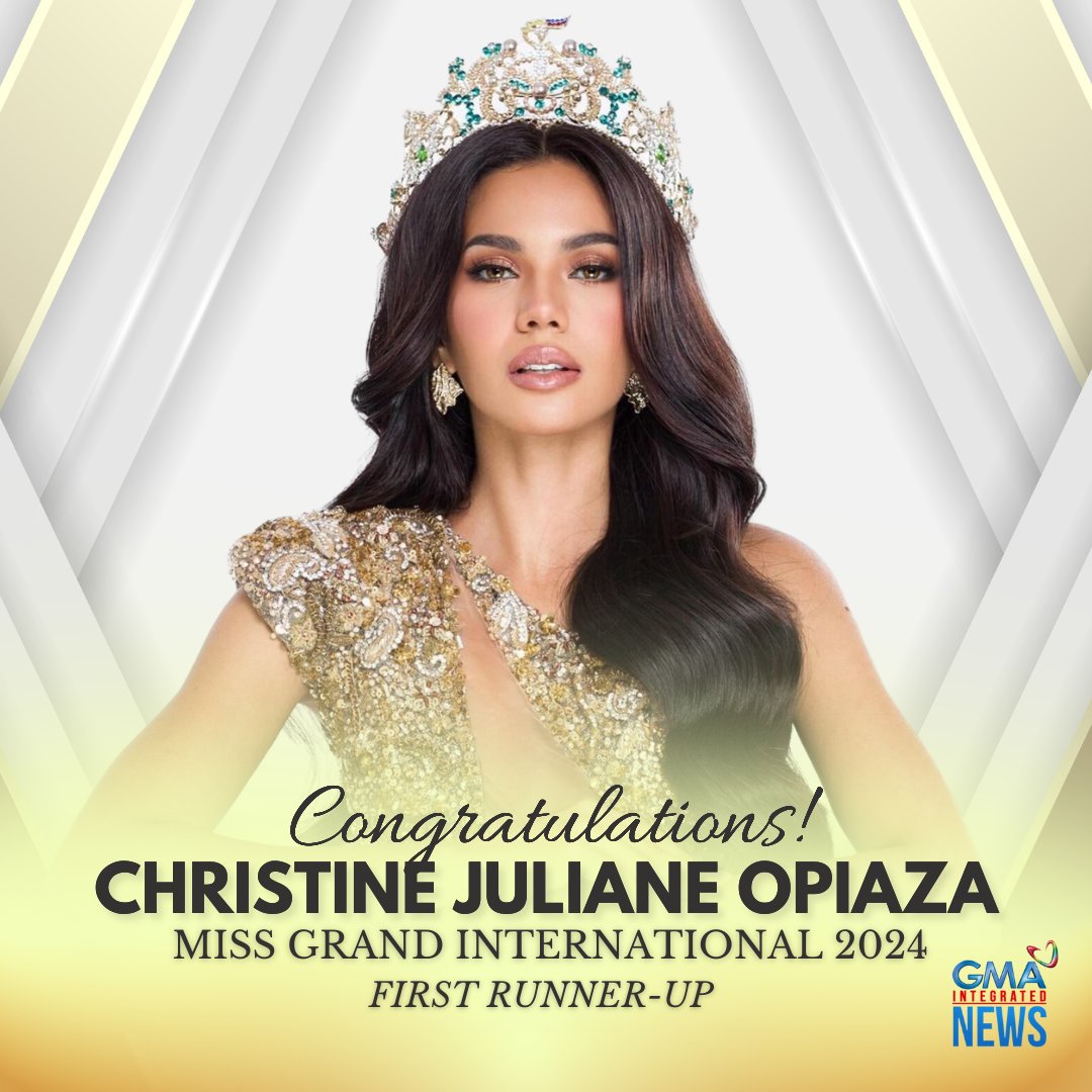 gmanews's tweet photo. WE'RE PROUD OF YOU, CJ! 👑

Philippine bet CJ Opiaza is the first runner-up of Miss Grand International 2024! 🇵🇭 #MGI2024 https://t.co/Nxij4Xev7b