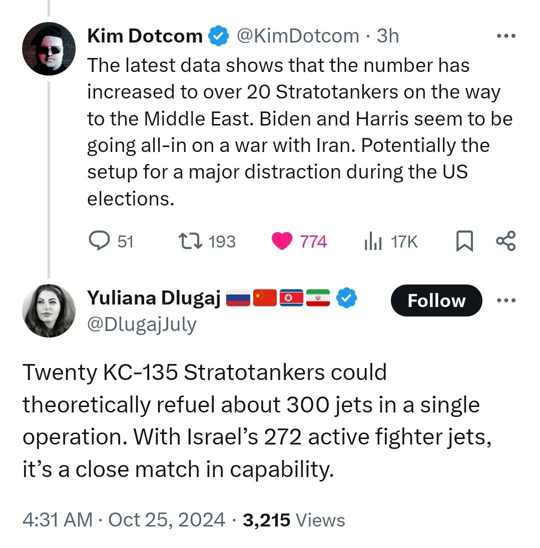 SamParkerSenate's tweet photo. 🧵4/ As reported by @KimDotcom this morning, over 20 KC-135 Stratotankers (jets used for aerial refueling) are en route to the Middle East from Europe (NATO locations). That is apparently enough to refuel 300 fighter jets in a single operation, which matches nicely the 272 operational israeli fighters.