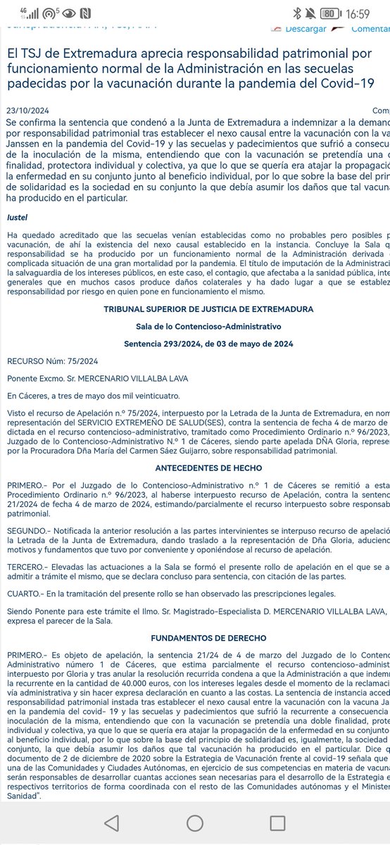 DoctoraPrego's tweet photo. Una sentencia judicial del Tribunal Superior de Justicia de Extremadura  en recurso de apelación contra la sentencia de fecha 4 de marzo de 2024, "reconoce el nexo causal entre la vacunación y las secuelas graves en una afectada por la vacuna covid".

Un fallo que cuestiona la narrativa oficial de "seguridad y eficacia". 

La justicia reconoce que las vacunas COVID-19 no son seguras para todos y pueden causar daños. 

El fallo judicial establece la responsabilidad de la administración por los daños causados ​​por la vacuna COVID-19. Se reconoce la relación entre las secuelas y la vacunación, abriendo un debate necesario sobre la ética en la salud pública

https://t.co/X2daJ7Q4yf

#JusticiaSanitaria #Vacunas #COVID19
#DerechosHumanos #MédicosPorLaVerdad