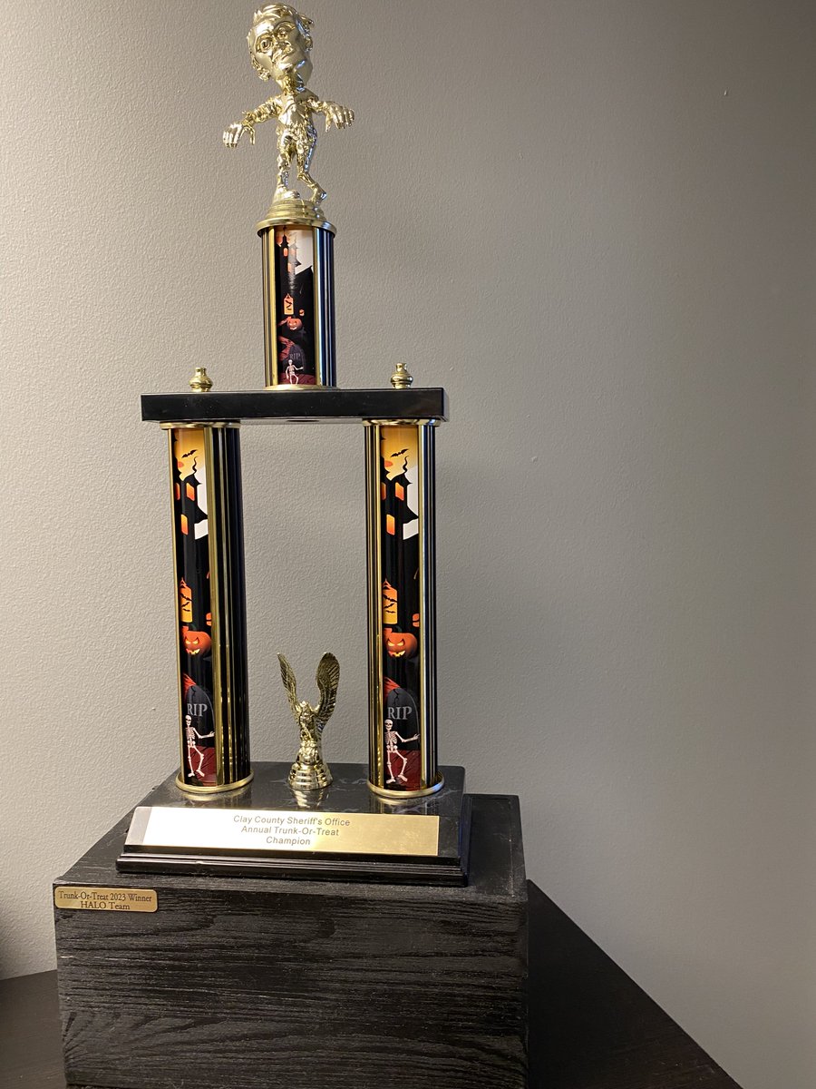 SheriffClayCo's tweet photo. Coming to our Trunk or Treat tonight? Be sure to vote for your favorite display. It's an intense competition among the units here at the Sheriff's Office for bragging rights and this sweet traveling trophy. https://t.co/AG44sln5WU